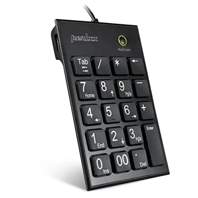 Afbeelding van Perixx PERIPAD 202HB, numeriek toetsenbord voor laptop USB Ingebouwde 2xUSB hub Tab Key Feature Volledig formaat 19 toetsen Grote Print Letters Silent X Type Scissor Keys Zwart
