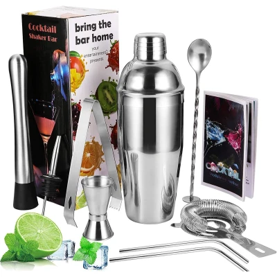 Afbeelding van Viesap Cocktail shaker, 9 delige shaker/cocktailset, roestvrij stalen shaker set, baraccessoires, cocktailbarset met 750 ml barstamper, maatbeker, zeef, ijsclip, rietje, lepel. reductiemondstuk