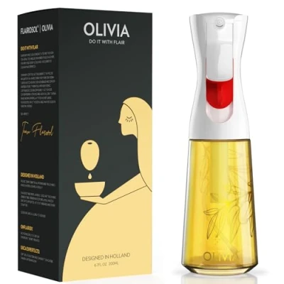 Afbeelding van FLAIROSOL OLIVIA Oliesproeier om te koken, 200 ml glazen olijfoliesproeier, continue olie spuitfles met portieregeling, olijfoliedispenser voor keuken, heteluchtfriteuse, salade, barbecue (gouden