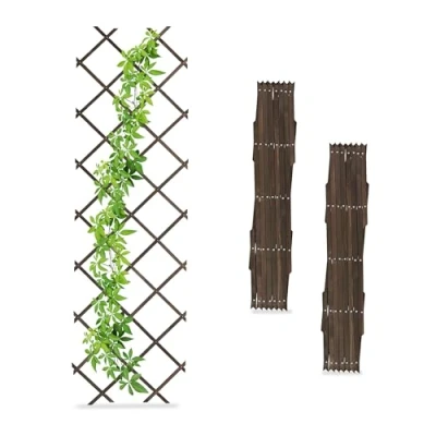 Afbeelding van Relaxdays trellis uitschuifbaar, set van 3, 180x60 cm, hout, plantensteun wandmontage, klimplantenrek, bruin