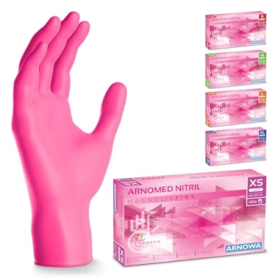 Afbeelding van ARNOMED wegwerphandschoenen roze, nitril handschoenen XS, met 100 stuks per doos, poedervrij. Latexvrije rubber handschoenen, verkrijgbaar in S, M, L &amp; XL