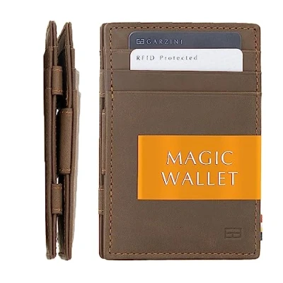Afbeelding van Garzini compacte Portemonnee voor heren en dames uit leder, Kaarthouder met RFID bescherming, Portefeuille plaats 10 kaarten, Magic Wallet Essenziale, Bruin