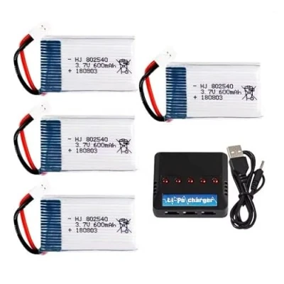 Afbeelding van YUNIQUE GREEN CLEAN POWER Set van 4 Lipo Batterijen 3.7V 600mAh voor Drones Compatibel met Syma X5, Cheerson CX 30W, Skytech M68 Hoge Prestaties en Lange Levensduur Inclusief Oplader, Zilver