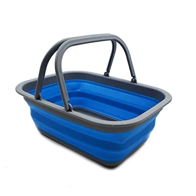 Afbeelding van opvouwbare kuip met handgreep, draagbare picknickmand voor buiten, boodschappentas, ruimtebesparende opbergcontainer (donkergrijs/blauw)
