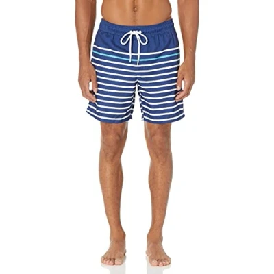 Afbeelding van Amazon Essentials Men&#039;s Sneldrogende zwembroek met binnenbeenlengte van 18 cm, Donkerblauw Streep, XL