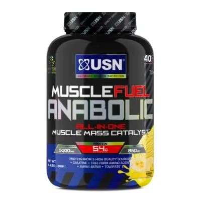 Afbeelding van USN Muscle Fuel Anabole All In One Mass Gainer, Bananensmaak 2 kg, 54 g eiwitpoeder, 5 creatinepoeder &amp; BCAA poeder voor maximale spiergroei, post workout herstel drankmix