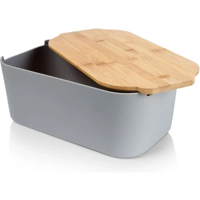 Afbeelding van Broodtrommel met houten plank, broodmand, broodtrommel, grijs, 33 x 18,5 12 cm