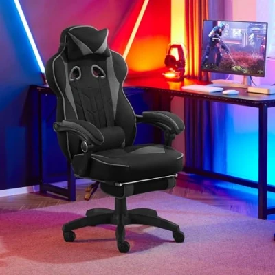Afbeelding van WOLTU GS01gr Gamingstoel, ademende stof, bureaustoel ergonomisch, met verstelbare lendensteun, hoofdsteun, voetensteun, pc stoel, in hoogte verstelbaar, draaibaar, elastische grijs