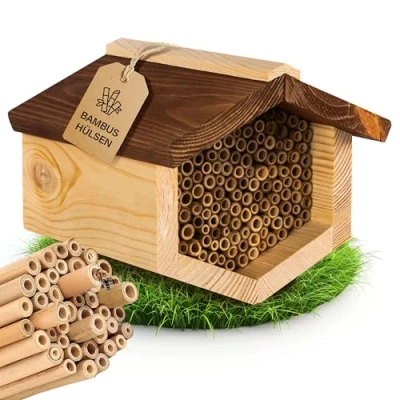 Afbeelding van Beesi Insectenhotel met weerbestendig dak, bijenhotel nesthulzen van bamboe, verschillende diameters, hoogwaardig insectenhuis, zonder splinters, diervriendelijk wilde