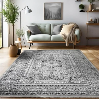 Afbeelding van Laagpolig vloerkleed, Oosters ontwerp, Vloerkleed Grijs, 160 x 230 cm, Tapijten in oosterse stijl, Tapijt woonkamer