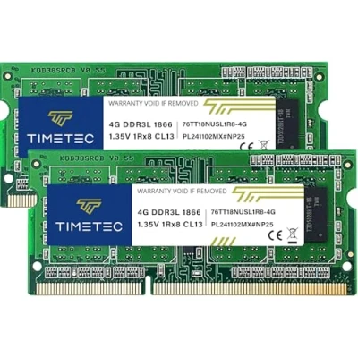 Afbeelding van Timetec 8GB KIT(2x4GB) DDR3L/DDR31866MHz PC3L 14900/PC3 14900 Niet ECC Ongebufferd 1.35V/1.5V CL13 1Rx8 Enkele Rang 204 Pin SODIMM Laptop Notebook PC Computer Memory RAM Module Upgrade