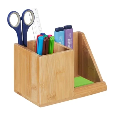 Afbeelding van Relaxdays pennenbak bamboe 2 vakken kwasten organizer bureau klein