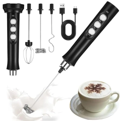 Afbeelding van FAOKZE Elektrische melkopschuimer met drie garden, USB oplaadbaar, garde, handheld melk frother roestvrij stalen opschuimer voor koffie / latte cappuccino warme chocolade/matcha