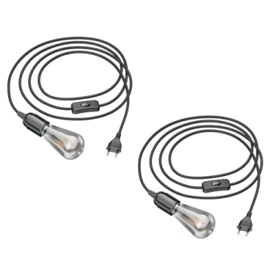 Afbeelding van ledscom.de 2 stuks 3 m textielkabel LEHA stekker, schakelaar, zwart + LED lamp 240lm, extra warm wit