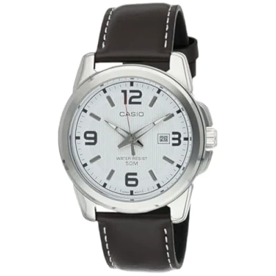 Afbeelding van Casio Heren klassieke witte wijzerplaat lederen band horloge [MTP 1314L 7AVDF], riem