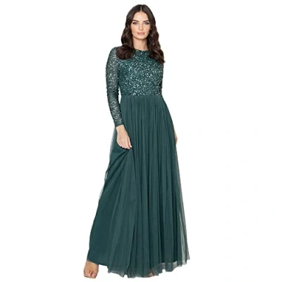 Afbeelding van Maya Deluxe Versierde maxi jurk met lange mouwen voor dames, bruidsmeisje, smaragd, 8