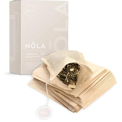 Afbeelding van NOLA Wegwerp theezakjes voor losse thee (100 stuks) biologisch afbreekbaar en recyclebaar met trekkoord 9,5 x 8 cm ook geschikt theepotten