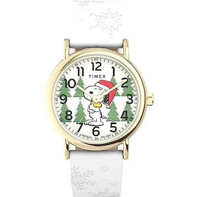 Afbeelding van Timex X Peanuts Holiday Weekender Unisex 38 mm lederen band horloge TW2W24100, Goud toon, Modern