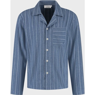 Afbeelding van Yumeko pyjamashirt heren velvet flanel denim blauw/wit stripe s