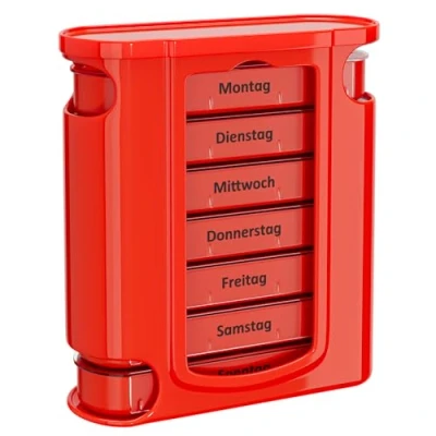 Afbeelding van WELLGRO Tablettenbox voor 7 dagen, met 4 vakken per dag, pillendoos van BPA vrij kunststof (rood)