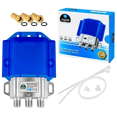 Afbeelding van 1x HQ DiseqC schakelaar 2/1 met weerbestendige behuizing HB DIGITAL 2X SAT LNB 1 x deelnemer/ontvanger voor Full HDTV 3D 4K UHD + 3 vergulde F stekker verguld