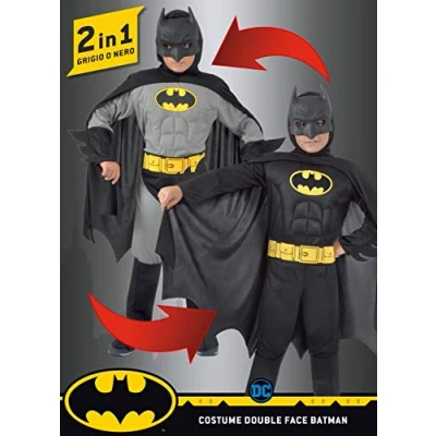 Afbeelding van Batman 2 in 1 (Classic/Dark Knight) costume disguise boy official DC Comics (Size 3 4 years) with padded muscles