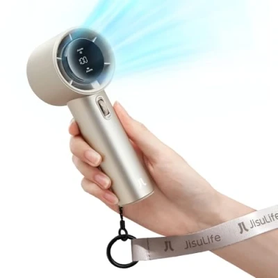 Afbeelding van JISULIFE draagbare handventilator, snelheid (1 100) verstelbare turbo miniventilator, 5000 mAh oplaadbare persoonlijke ventilator, digitaal display voor reizen/kamperen, bruin