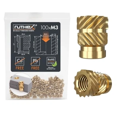 Afbeelding van ruthex M3 Schroefdraadbus 100 stuks RX M3x5.7 messing schroefdraadbussen Insteekmoer voor kunststof onderdelen kan door warmte of echografie worden ingebracht in 3D geprinte