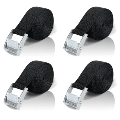 Afbeelding van Spanbanden met ratel, 3 m, 4 stuks, zinklegering, kliksluiting, spanband, zwart, bevestigingsriem, sjorbanden klemsluiting voor auto, fiets, steekwagen, motorfiets, bagage, camping
