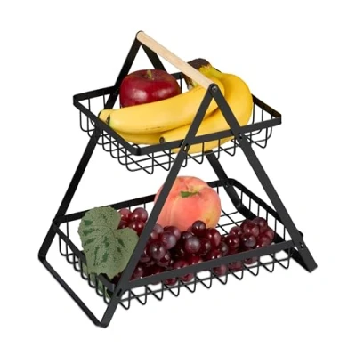 Afbeelding van Relaxdays fruit etagère 2 laags metalen fruitschaal zwarte fruitmand houten handvat