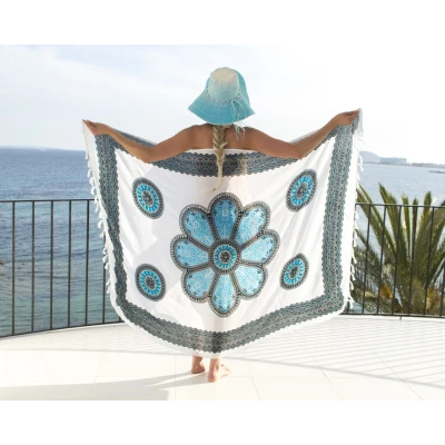 Afbeelding van pareo Flower White/aqua Blue/black beach zomer dames sarong omslagdoek wikkeljurk strand stranddoek