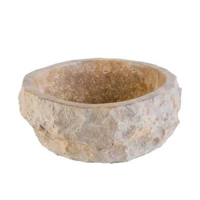 Afbeelding van Waskom BWS Stone Rond 35x35x15 cm Met Gepolijste Binnenzijde Natuursteen Creme