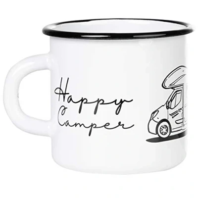 Afbeelding van MUGSY I Emaille mok Happy camper met motief, wit, spreuk, onbreekbaar licht, 330 ml