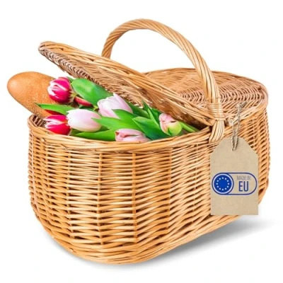 Afbeelding van Creative Home Grote Rieten Mand met Handvat en Deksel Picknick 45x30x38cm Lichtgewicht Boodschappenmand Cadeau Handgeweven