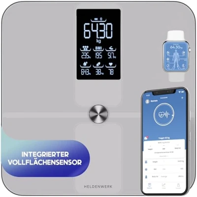 Afbeelding van HELDENWERK Personenweegschaal, lichaamsvetweegschaal, personen met app en volledige oppervlaktesensor, 180 kg, digitale weegschaal bluetooth lichaamsanalyseweegschaal voor lichaamsvet, BMI,