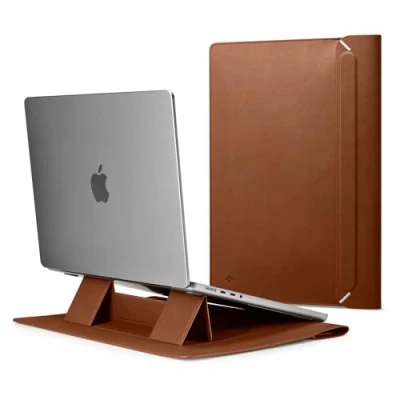 Afbeelding van Spigen Valentinus S 13 Laptoptas, 13,3 14 inch, compatibel met MacBook Pro, geïntegreerde magnetische klep opvouwbare standaard, leren hoes voor notebook, bruin