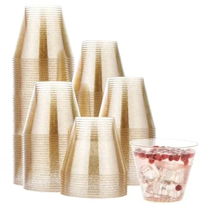 Afbeelding van MATANA 120 Harde Plastic Bekers met Gouden Glitter, 255ml / 9oz Herbruikbaar Cocktailglazen voor Verjaardagen, Bruiloften, Doopfeesten, Kerstmis Elegant en Stevig