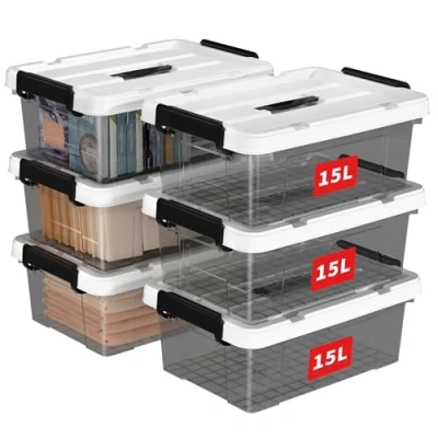 Afbeelding van Cetomo opbergdozen, 15L x 6 plastic opbergdoos met deksels, organiserende container handvat en veilige vergrendelende gespen, stapelbaar, nestbaar, draagtas voor huiskleding,