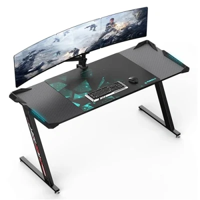Afbeelding van Eureka Ergonomic Gamingtafel, 153 x 60 cm, groot gamingbureau, tafel met ledverlichting, gamer, pc tafel, desktop op koolstofvezel, gaming computertafel