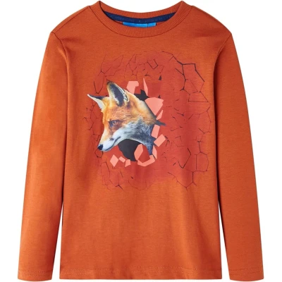 Afbeelding van Kindershirt met lange mouwen vossenprint 116 lichtroestkleurig