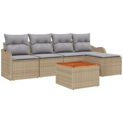 Afbeelding van vidaXL 6 delige Tuin Sofa Set met Kussens Beige Poly Rattan Acacia, 2 zits Opslag &amp;