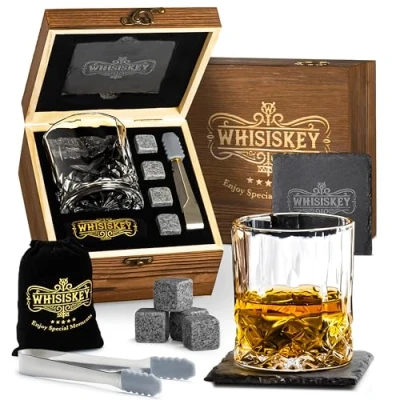 Afbeelding van Whisiskey Luxe Whiskey Set Incl. Glas, 4 Stones, Onderzetter, Opbergzak, Opbergbox Whisky Cadeauset