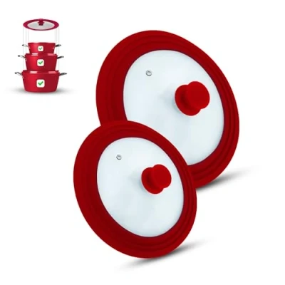 Afbeelding van M.S.N Set van 2 universele glazen deksels, delig, potten en pannen 16/18/20 cm &amp; 24/26/28 cm, met uitlaatventiel siliconen rand. (rood, cm)