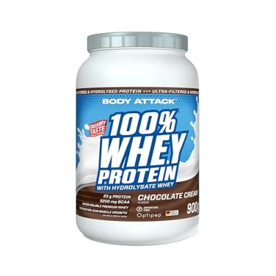 Afbeelding van Body Attack 100% Whey Proteïne, chocolade, 900 g, Made in Germany, extra romig eiwitpoeder met hydrolysaat en BCAA, ondersteunt spieropbouw diëten