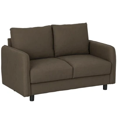 Afbeelding van HOMCOM Sofa 2 Sitzer modern Couch mit Armlehne, Wurfkissen Polstersofa Stauraum S Federn und Gummibändern, klein Loungesofa Samtoptik für Wohnzimmer, 136 x 75 84 cm, Braun