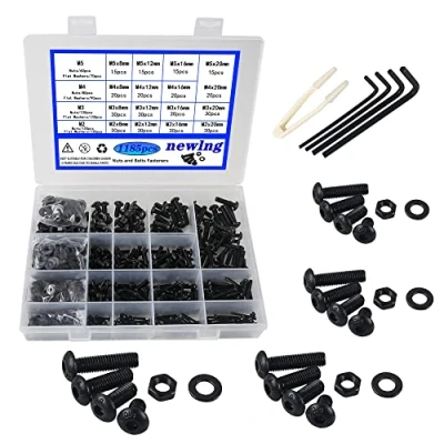 Afbeelding van newlng M2 M3 M4 M5 schroevenset koolstofstaal zwart schroeven en moeren sluitringen set 1185 stuks hex socket ronde knop lenskop binnenzeskant met moersleutel