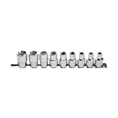 Afbeelding van Högert HT1A880 dopsleutelset voor dopsleutels, moersleutel, chroom vanadium staallegering, steeksleutelset, techniek, set van 9 torx zilver, 1/2 inch grootte. E10 E24, CRV