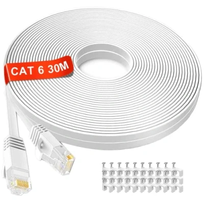 Afbeelding van Netwerkkabel 30m wit, Cat6 Platte Ethernet Kabel Gigabit LAN 30 meter, Hoge snelheid Internetkabel 250Mhz, witte RJ45 Patchkabel voor Router, Switch, Modem, PS5, PS4