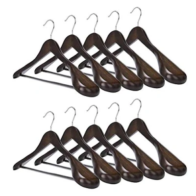 Afbeelding van MECOREX Pakhangers, set van 10, kleerhangers massief hout, met extra brede schouders, antislip, voor overhemden, mantels, jassen, broeken, pakken, 360 draaibare haak (donkerwalnootkleur)
