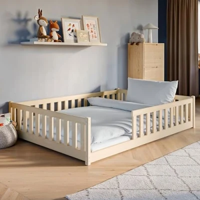 Afbeelding van Kinderbed Vloerbed 140x200 cm met matras, uitvalbescherming &amp; lattenbodem Montessoribed Bed Kinderledikant Jeugdbed Eenpersoonsbed naturel andere maten 80x160 90x200 120x200